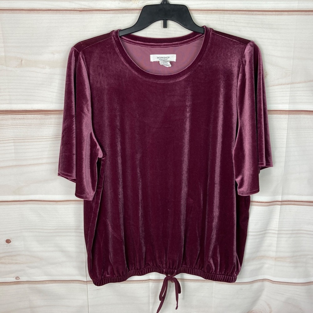 Workshop Top Women XL Purple Velvet T-Shirt Kimono Sleeve Drawstring Waist Solid
